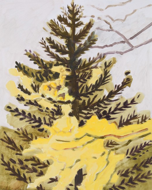 Lois Dodd, October: Spruce + Elm, 2020, oil on Masonite, 11 7/8 x 9 1/2 inches