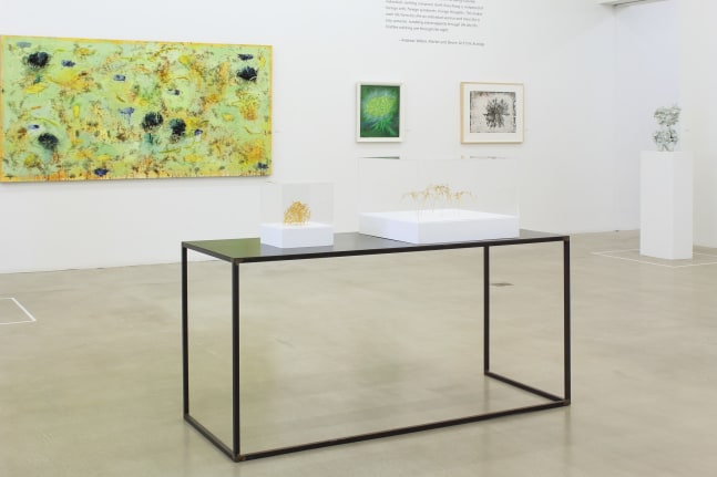 Photograph of a detail view of an exhibition showing two organic-looking sculptures on a table and three paintings hung on a white wall behind