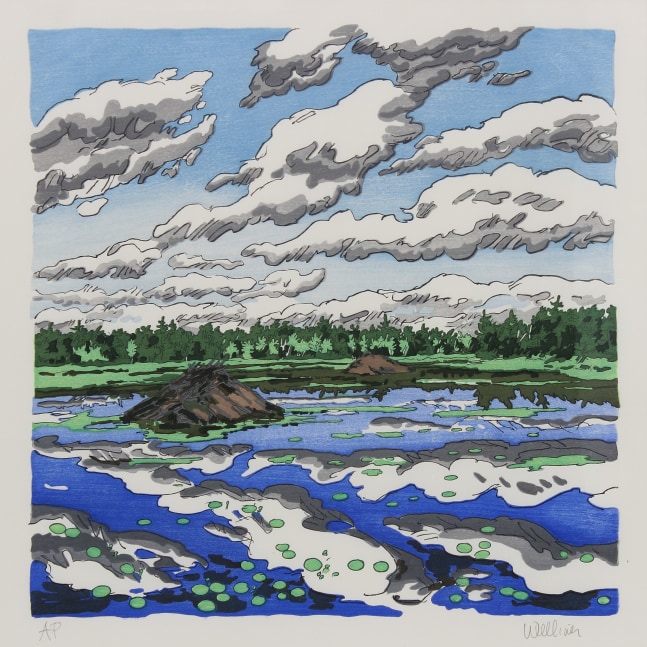 Woodcut of a body of water strewn with lily-pads, two beaver dams receding into the distance, and a blue sky with big white clouds overhead and reflected in the water