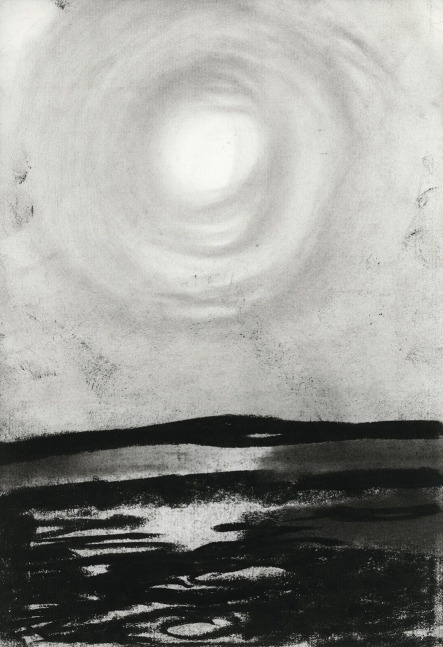 Charcoal landscape drawing of the sun or moon in the sky, reflecting on the water below