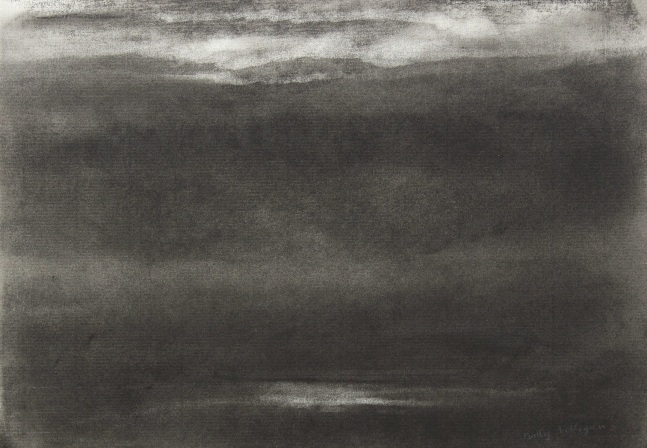 Charcoal landscape drawing of the sky and ocean at dawn or dusk, with dim sunlight coming through soft clouds and reflected off the water