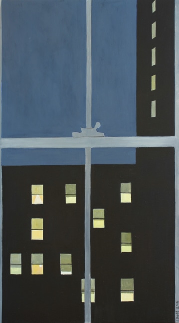 Painting of a view looking through an interior window at night, at a dark building with lights in some of the windows