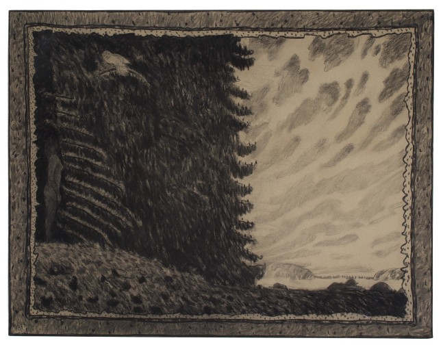 Charcoal drawing of a surreal forest scene with a nude figure standing in the shadows on the left and a white owl perched in a tree overhead