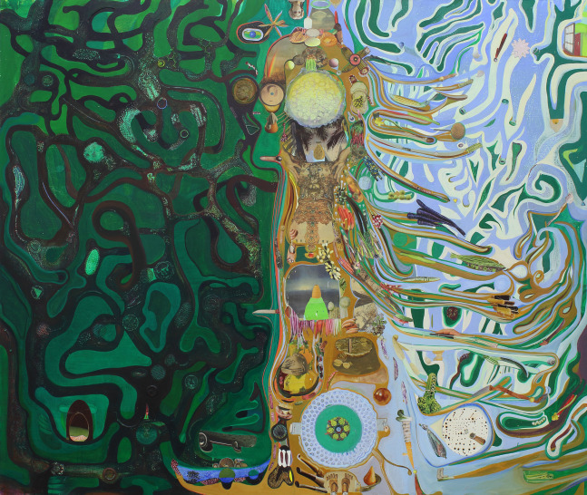 Abstract painting with black, yellow and green organic forms snaking throughout on a green and blue background with a yellow form in the center and collage elements throughout