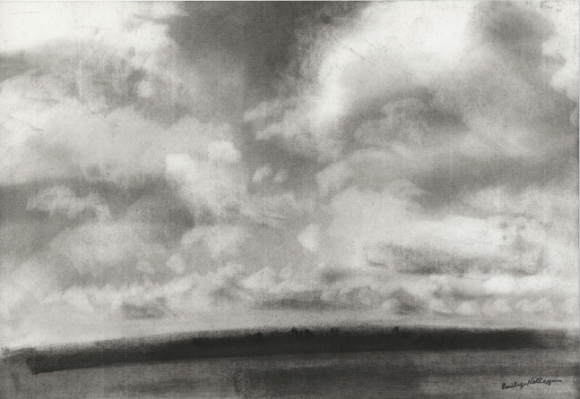 Charcoal landscape drawing of a cloudy sky over a tree-lined shoreline and a body of water