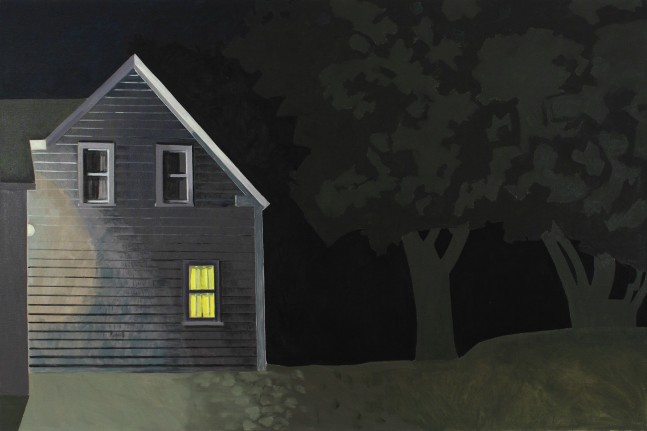Painting of the outside of a house at night, with light emanating from one window and two large trees in the yard