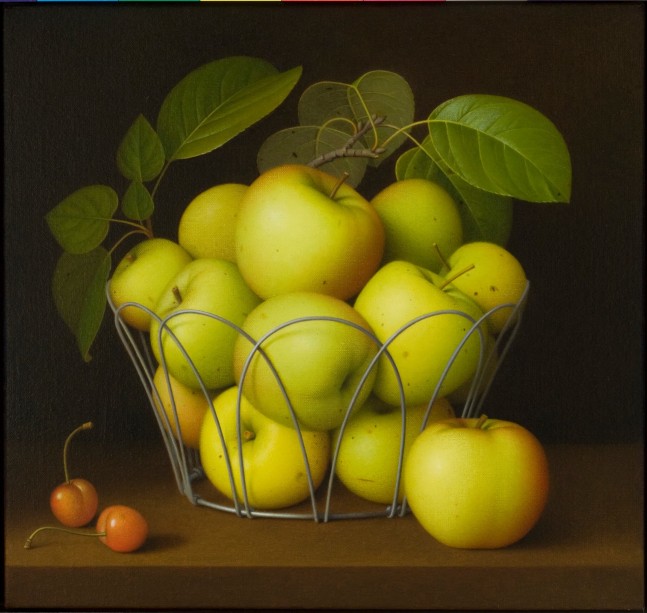 Still life painting of a basket of yellow-green apples on a brown table against a dark black background, with one apple and two cherries sitting on the surface of the table