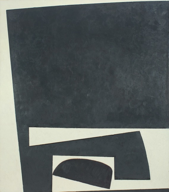 Abstract painting consisting of geometric black forms on a white ground