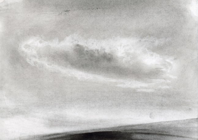 Charcoal landscape drawing of a single cloud hovering in the sky, with sunlight coming out from behind it, and land or water underneath