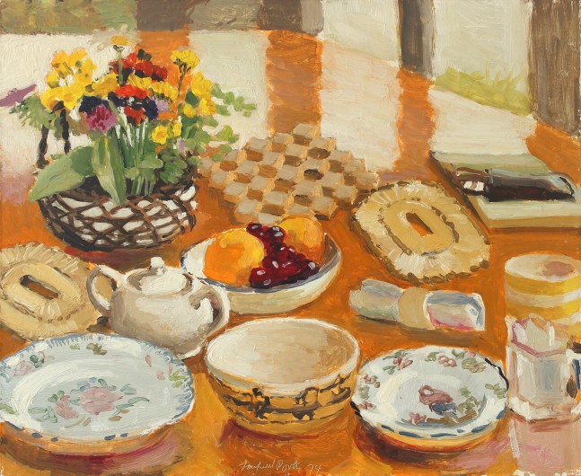 Painting of a still life scene in front of a brightly lit window, with a small vase of flowers, a bowl of fruit, and various dishes and tableware scattered on an amber-colored table