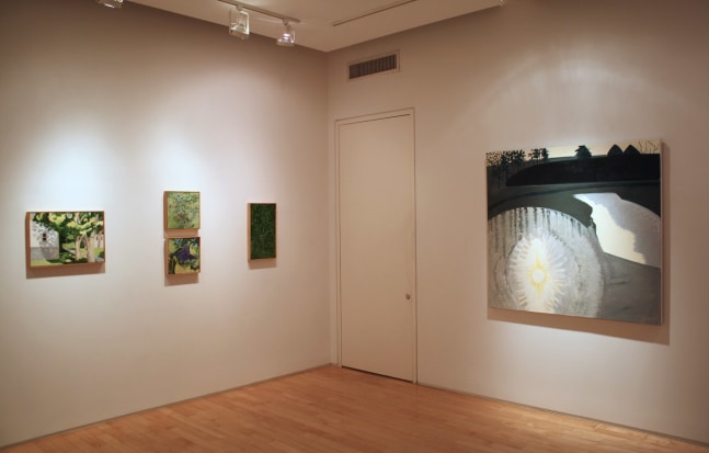 Photograph showing a corner view of an exhibition space, with four small framed paintings on the wall to the left and one larger painting on the wall to the right