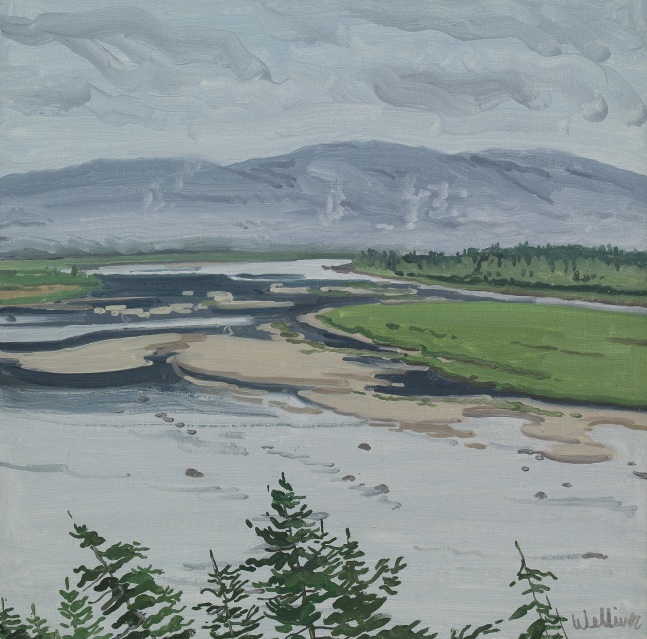 Landscape painting of a body of water with grey mountains fading into the distance