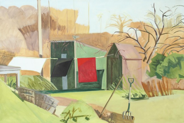 Painting with two small buildings, a laundry line with three sheets of fabric hanging from it, and farm equipment, with autumn-colored landscape in the background