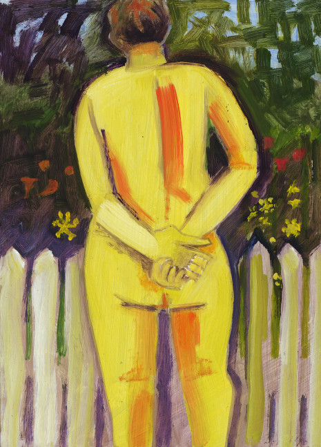 Painting of a nude figure standing with their back to the viewer, facing a white fence with trees and flowers behind
