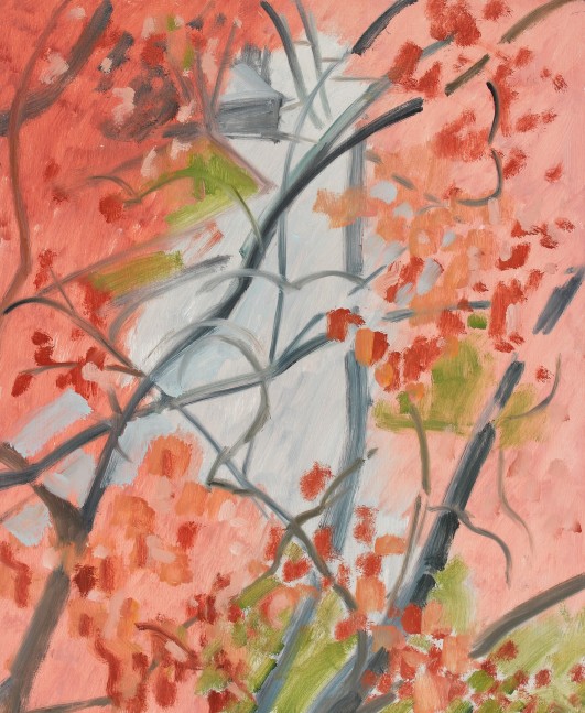 Painting of abstracted pink flowers and forms and grey branches surrounding a patch of blue-grey in the center