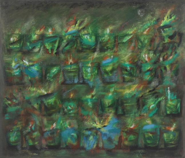Atmospheric painting of four rows of glowing votive lights