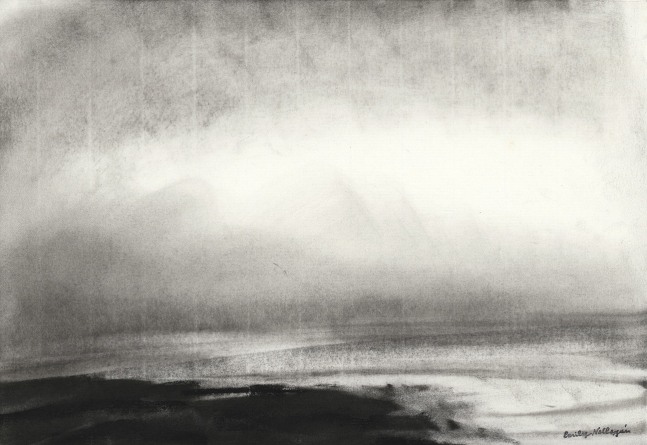 Landscape charcoal drawing of the sea, with sunlight coming through soft clouds and reflected on the water below