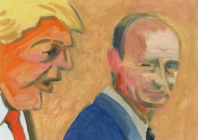Painting of Donald Trump and Vladimir Putin against an orange ground