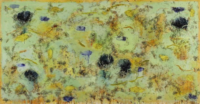Abstract, roughly-textured painting in green and yellow, with spots of dark blue