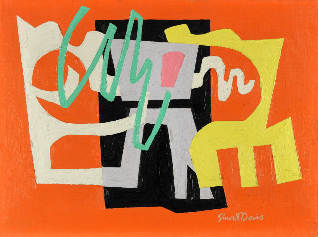 Geometric abstract painting consisting of forms in yellow, white, pale grey, green, pink, and black on an orange ground