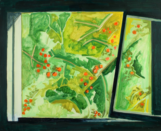 Painting of a view from an interior window, looking out at an abstracted green tree with red apples