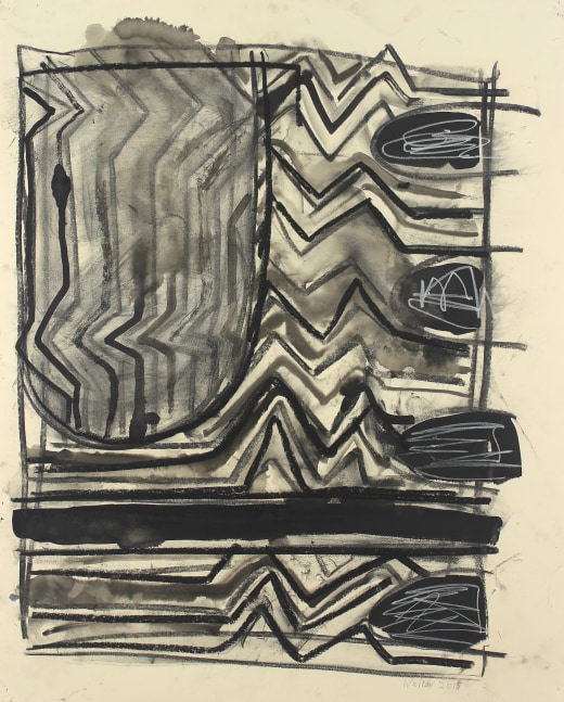 Abstract drawing on paper consisting of an arrangement of zig-zagging black lines