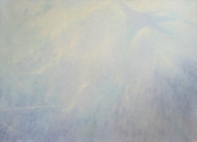 Atmospheric painting of a luminous field of lavender, blue, and white