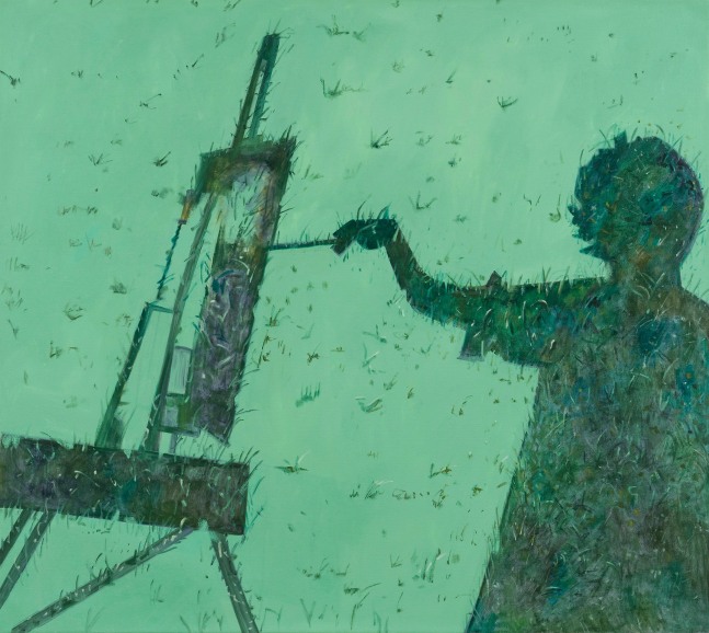 Painting of the shadow of a painter at an easel cast onto a patch of grass