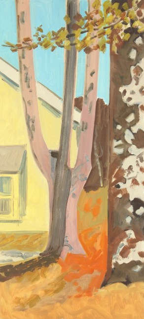 Painting of two trees with a yellow building in the background