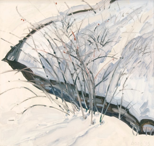 Painting of a bare bush surrounded by snow