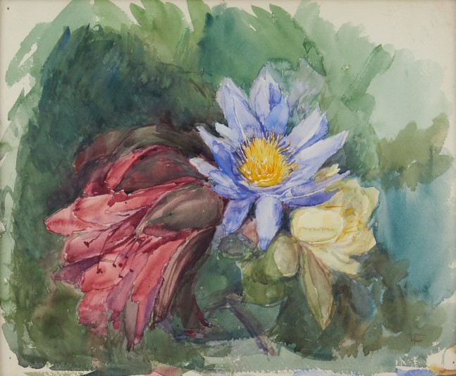 Still Life with Waterlilies and Hibiscus, 1865, watercolor on paper, 12 x 15 1/4 inches