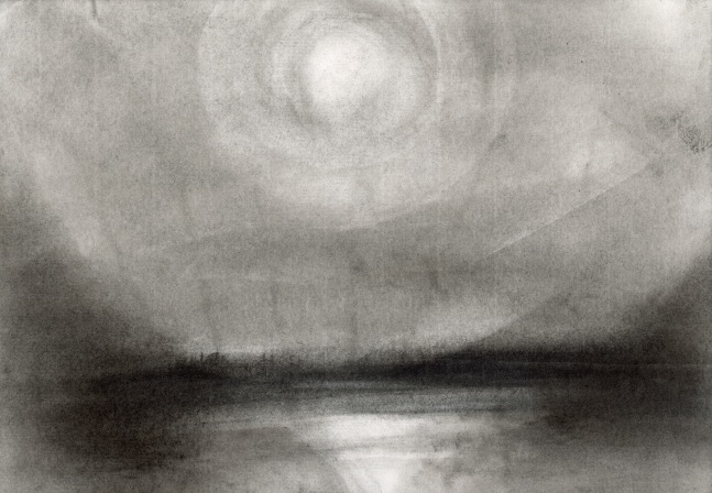 Charcoal landscape drawing of the sea and sky at dawn or dusk