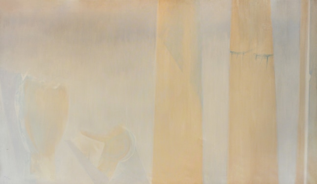 Atmospheric painting with yellow bands of paint against a pale blue and lavender surface