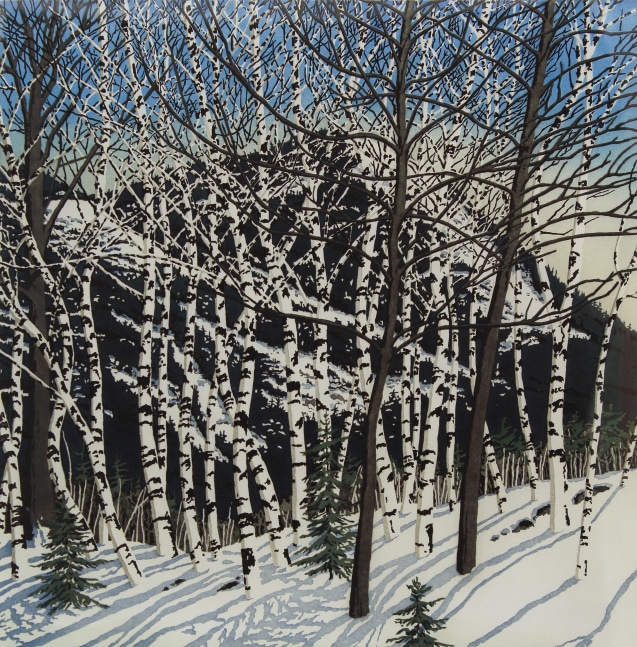 Image of a cluster of birch trees on a snow-covered bank, with a dark mountain in the background