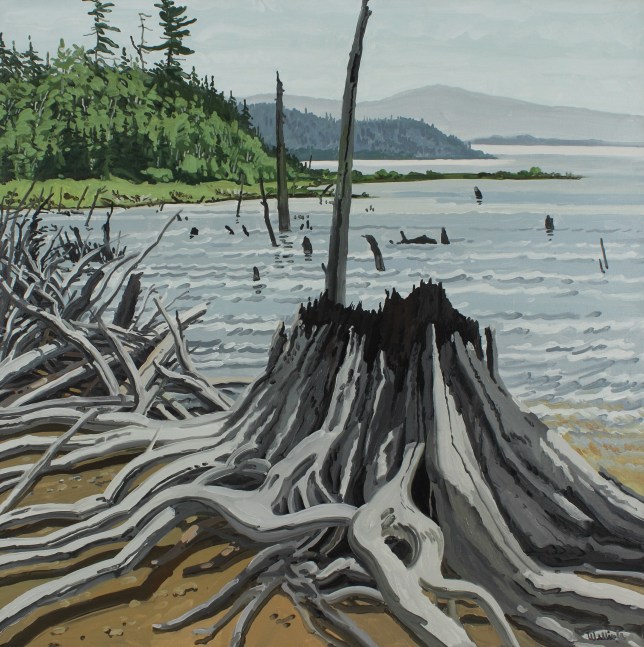 Landscape painting of a stump and piles of grey driftwood on a shore, with trees and mountains in the distance