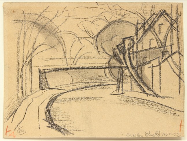 Graphite drawing of an abstracted landscape with a road running through it and buildings on the right side