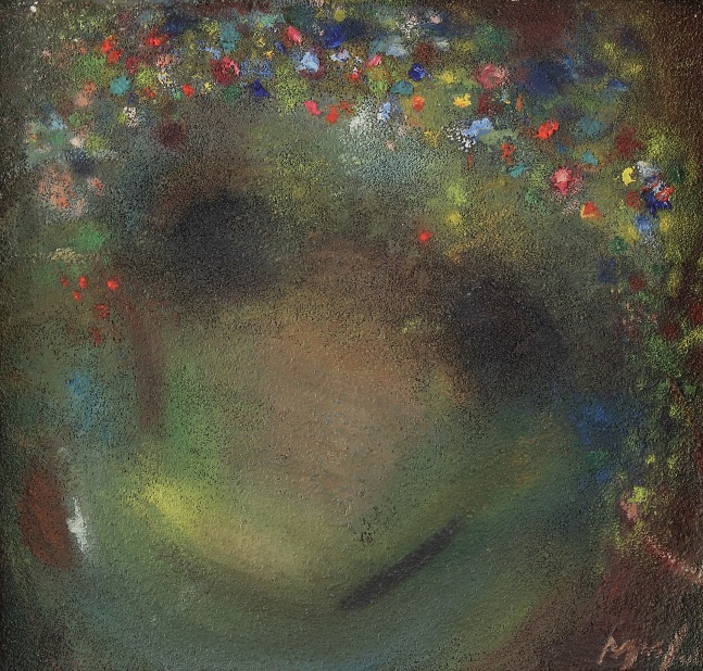 Abstract, atmospheric painting of a cow's face with flowers around its head