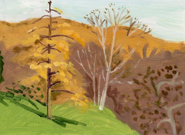 Hackmatack + Birch in October, 2021, oil on aluminum flashing, 5 x 7 inches