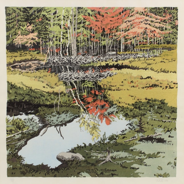Drawing of two beaver damns in a body of water running through a meadow, with a forest in the background and trees just beginning to turn orange