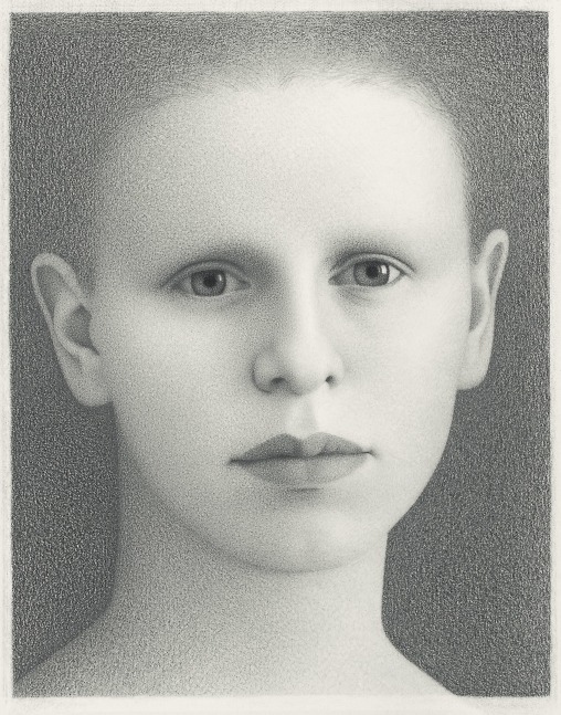 Graphite drawing of the head of a woman, with her hair dissolving into the grey background