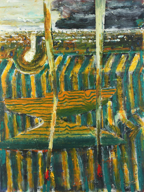 Abstract painting with an anvil shape in the center made of horizontal yellow and blue-green lines, against a ground of vertical yellow and blue-green lines, with an abstracted sky and horizon line and two long strips of white and yellow paint down the entire canvas