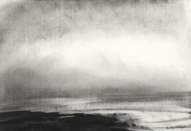 Charcoal landscape drawing of the sea and a light, cloudy sky with sun reflecting off the water