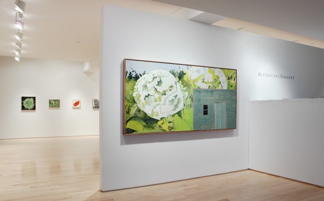 Photograph showing a view of an exhibition space with one large painting hanging on a white wall and the exhibition continuing in the background