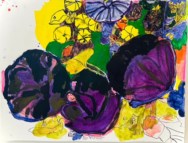 Hollyhock + Plant Friends, 2025, mixed media on Rives BFK, 14 x 18 inches