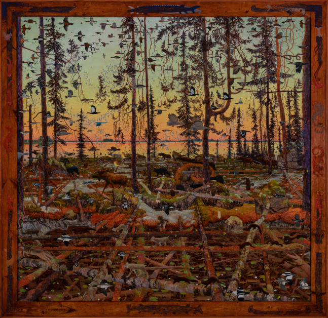 Landscape painting of numerous birds, moose, squirrels and other creatures running through the forest at sunset