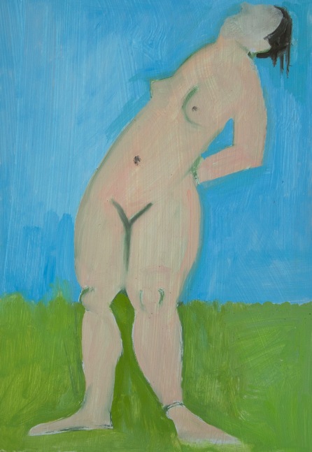 Lois Dodd,&amp;nbsp;Nude Leaning Back - Blue Sky, 2020, oil on aluminum flashing, 7 x 5 inches