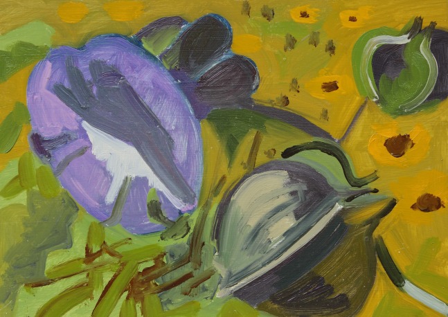 Lois Dodd, Shoo-Fly Flower and Pod, September, 1996, oil on aluminum flashing, 5 x 7 inches&amp;nbsp;