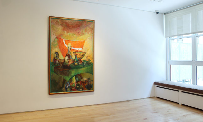 Photograph showing a view of an exhibition space with one painting hanging on a white wall