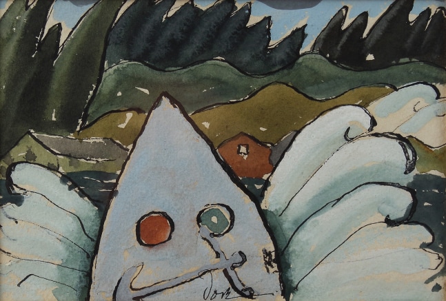 Painting with organic, abstracted forms in blue-grey, green, and copper