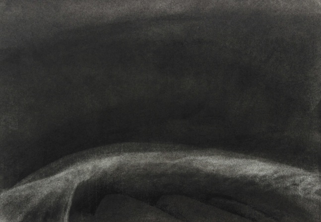 Atmospheric charcoal landscape drawing of a dark sky with the sea below